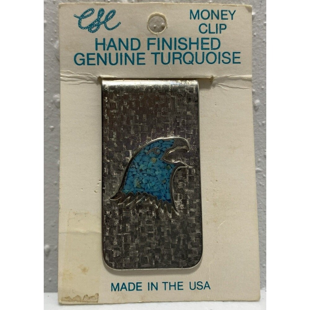 Vintage ESE Crushed Turquoise Inlay Eagle Money Clip Native Inspired Made In USA